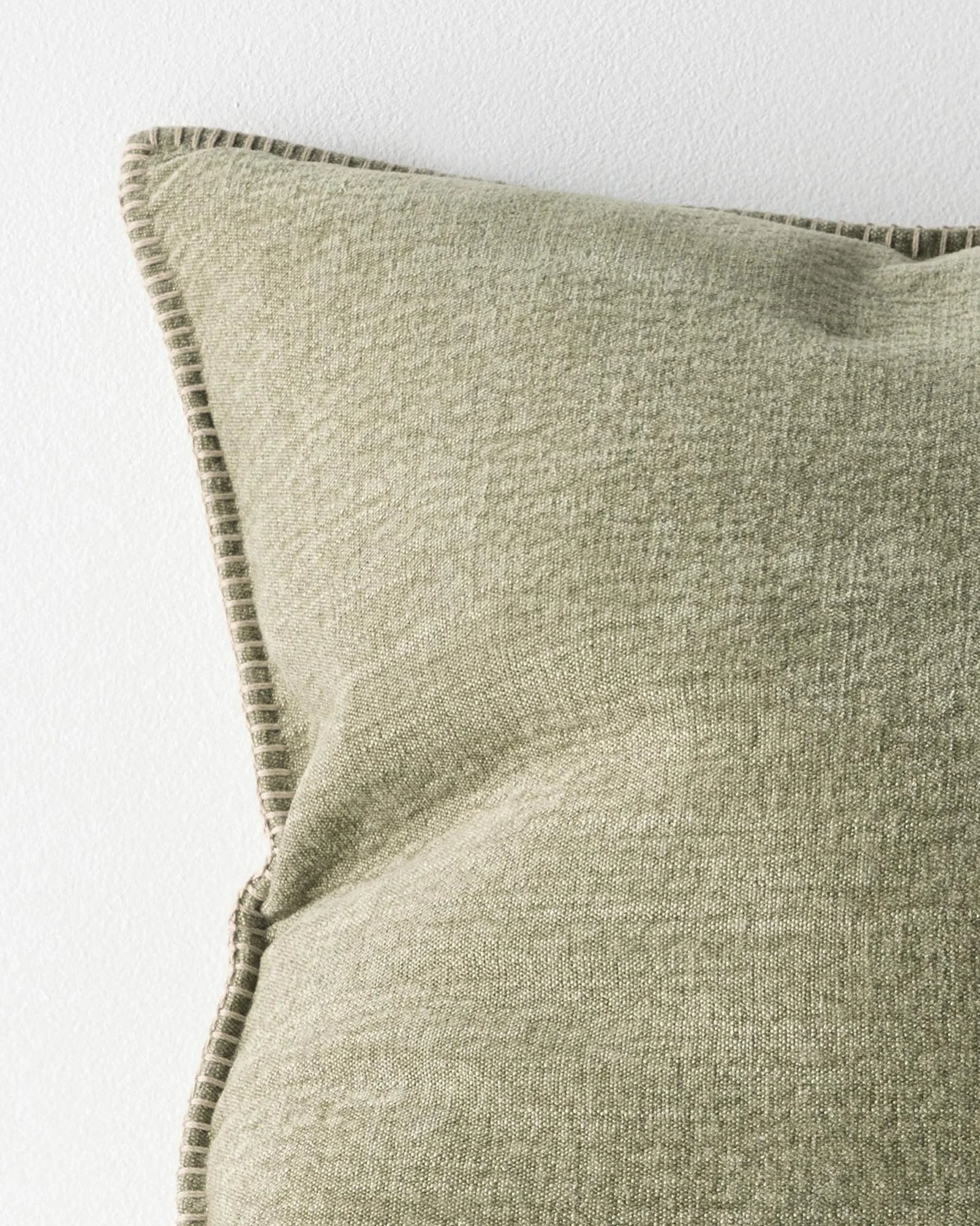 Alba Moss cushion corner detail showcasing blanket stitch seam on linen polyester blend by Weave Home