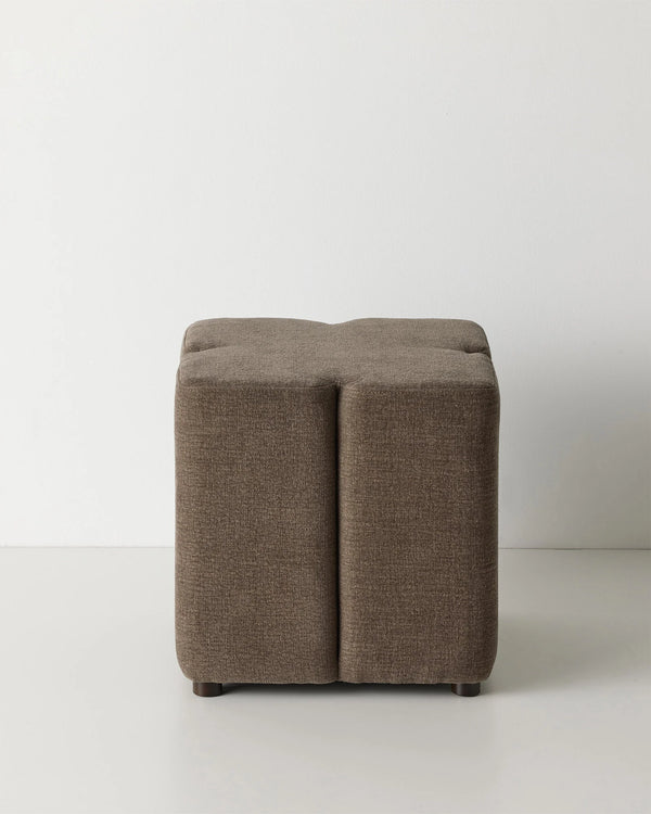 Campello Bark ottoman, taupe-brown linen-polyester blend with sculptural clover silhouette and textured micro chenille finish by Weave Home