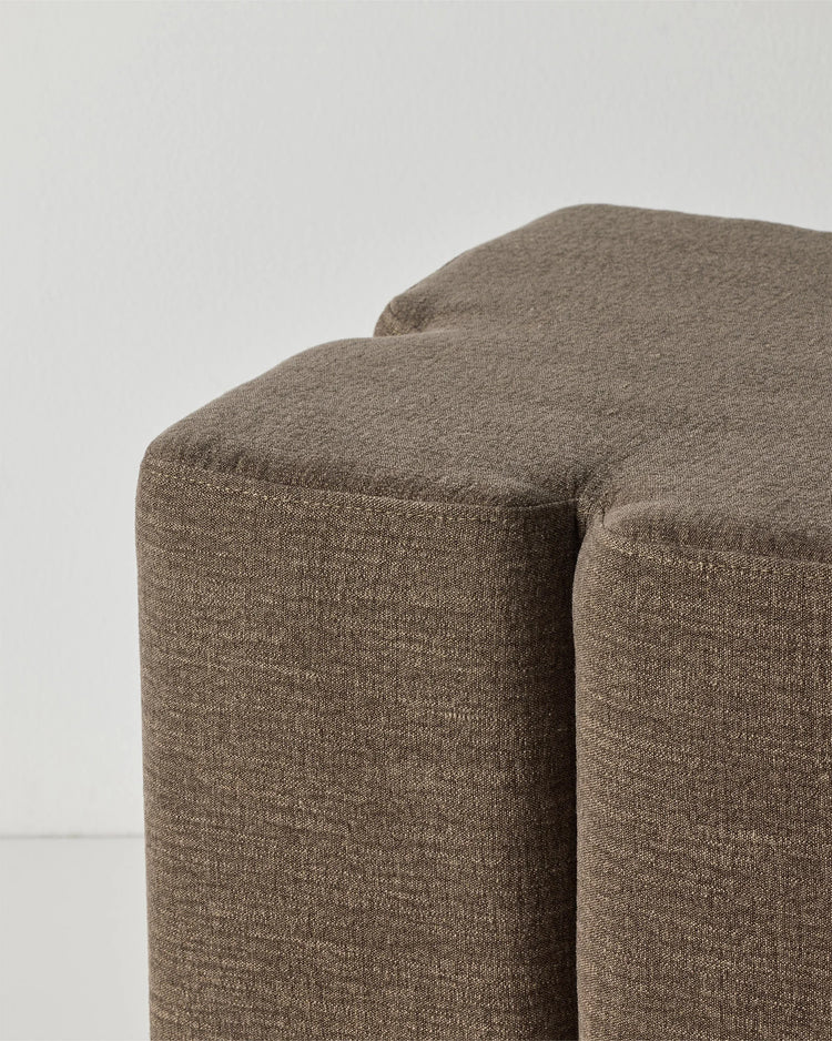 Campello Bark ottoman, clover-shaped design in chocolate brown micro chenille fabric with textured weave, by Weave Home