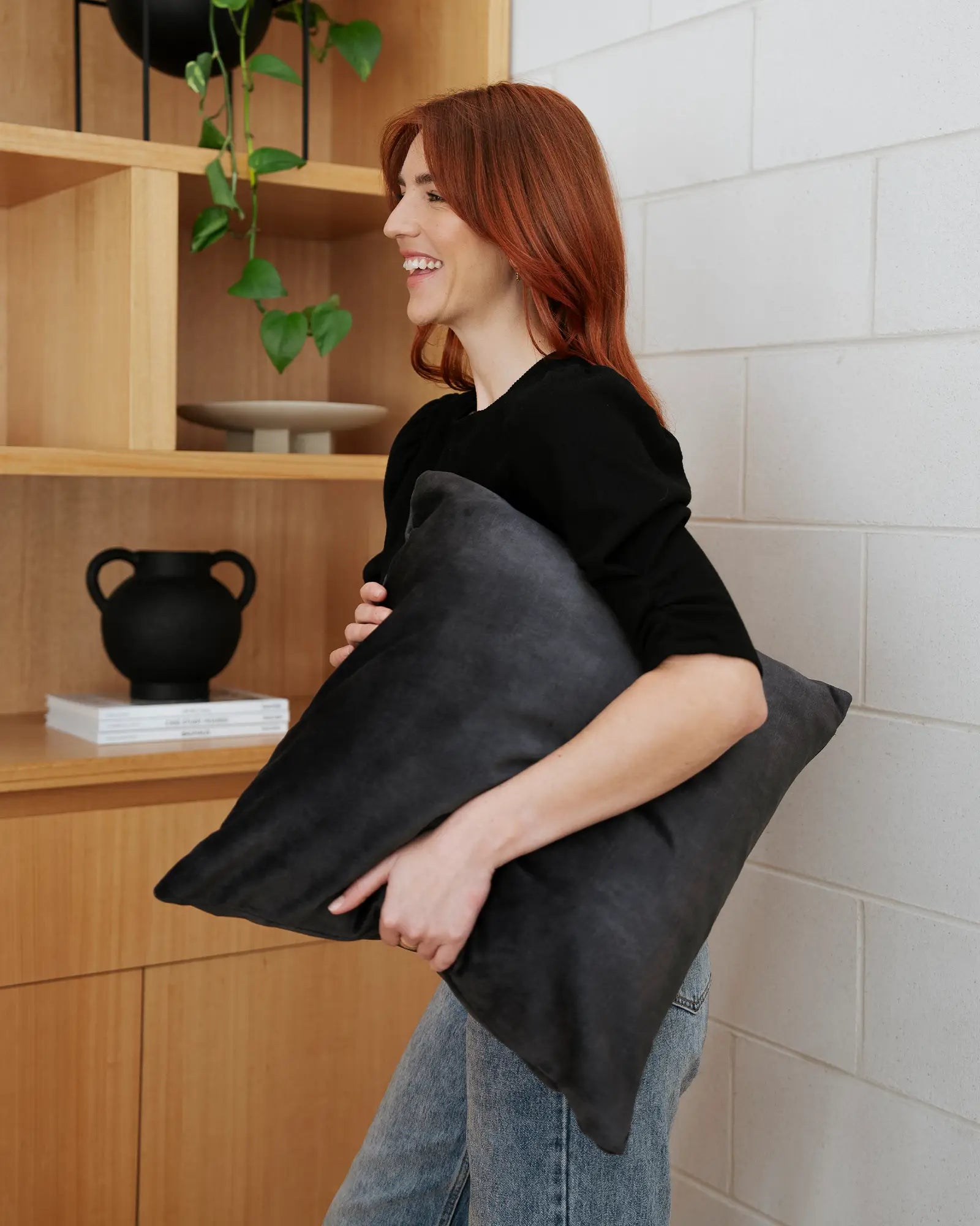 Ava Coal cushion, 50x50cm, dark grey polyester with soft velvet-like texture and concealed zip, by Weave Home