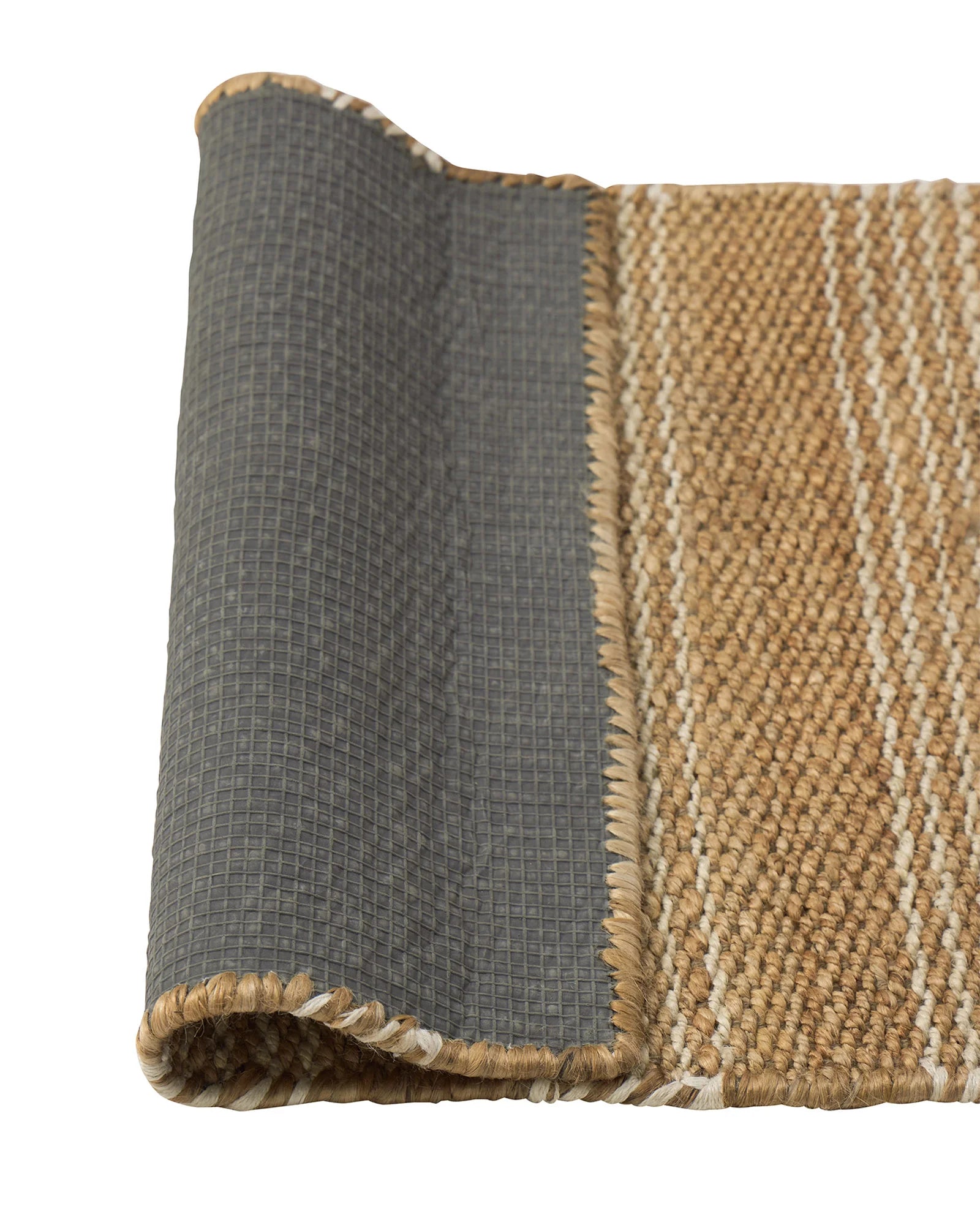 Arden Natural Stripe jute door mat detail, showing hand-woven texture with ecru and sand tones, fringe border by Weave Home