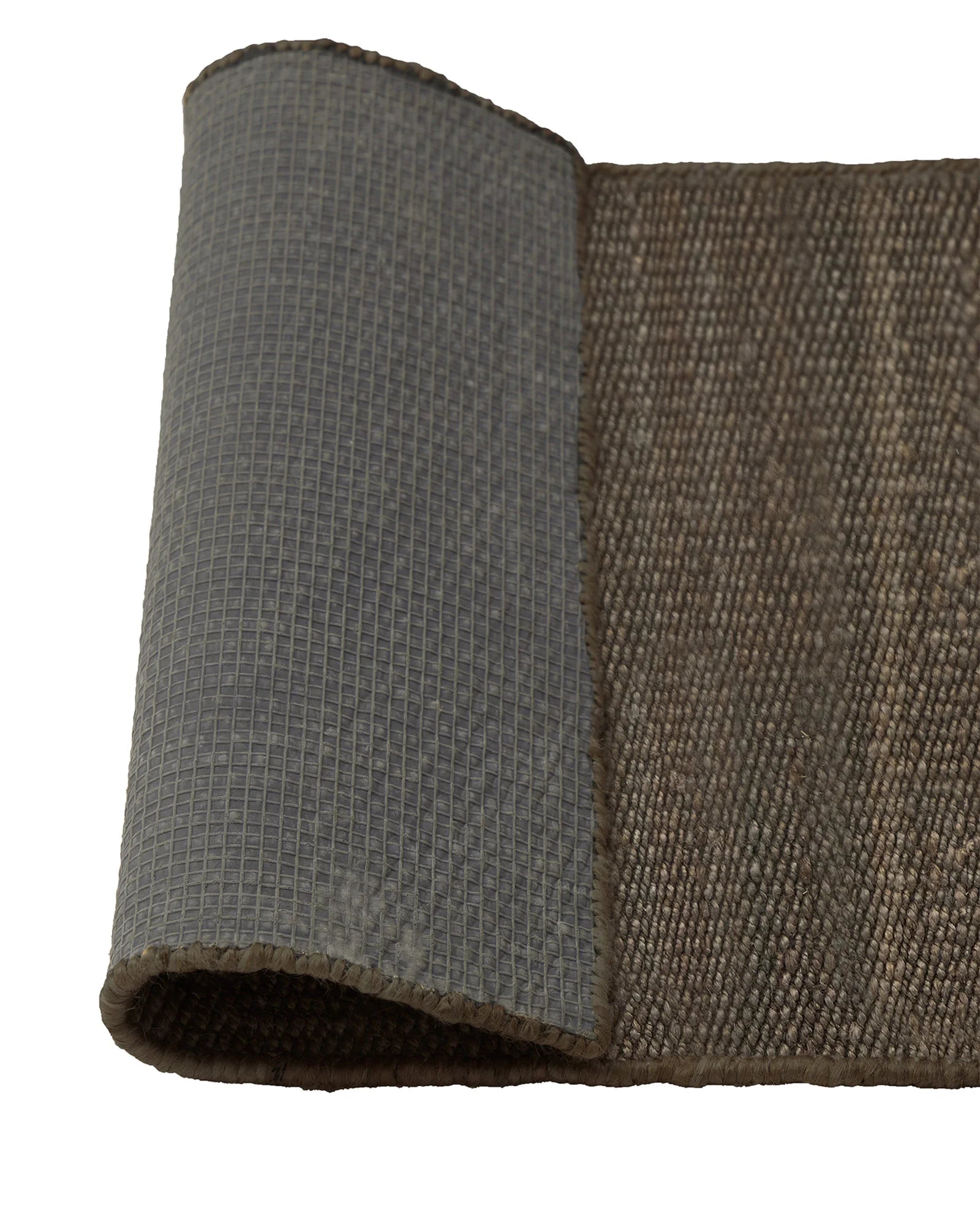 Ivano Graphite door mat, jute weave detail showing chocolate brown with graphite undertones, rolled edge, by Weave Home