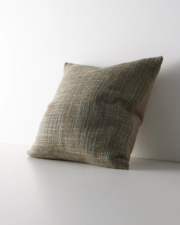 Castel Tide cushion in honey, sand and blue tones, 50cm, chunky space-dyed weave with textured polyester cotton blend by Weave Home