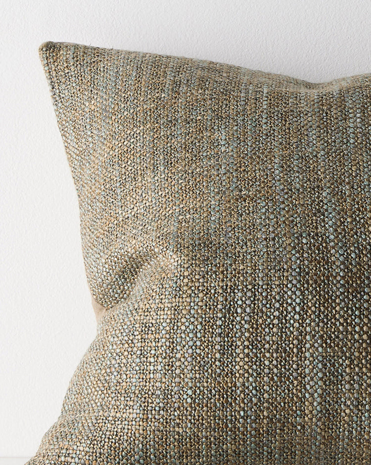 Castel Tide cushion close-up, chunky space-dyed weave in honey, sand and blue tones by Weave Home