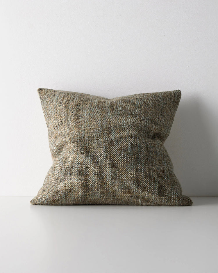 Castel Tide cushion front view, woven polyester cotton blend with space-dyed honey, beige and blue tones, chunky textured weave, 50cm by Weave Home
