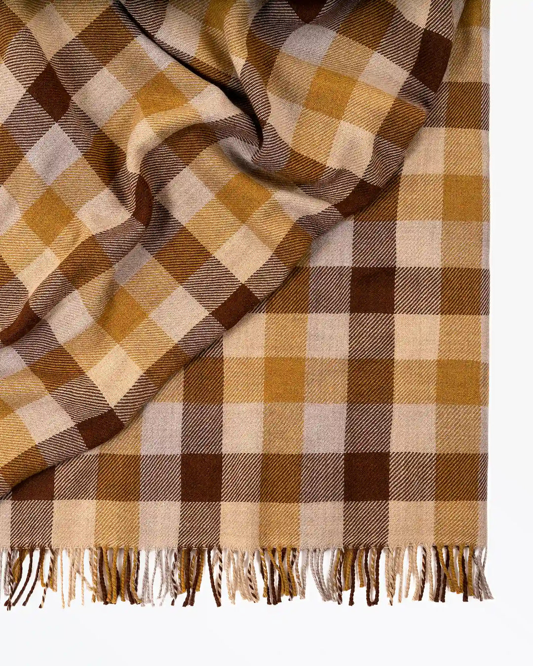 Caldwell Autumn wool throw in taupe, cocoa and ochre plaid with fringe edge detail by Weave Home