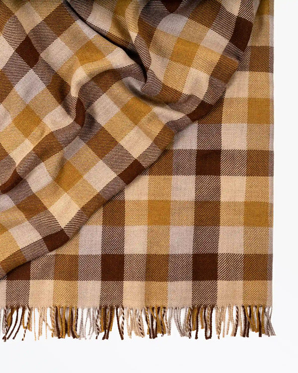 Caldwell Autumn wool throw in taupe, cocoa and ochre plaid with fringe edge detail by Weave Home