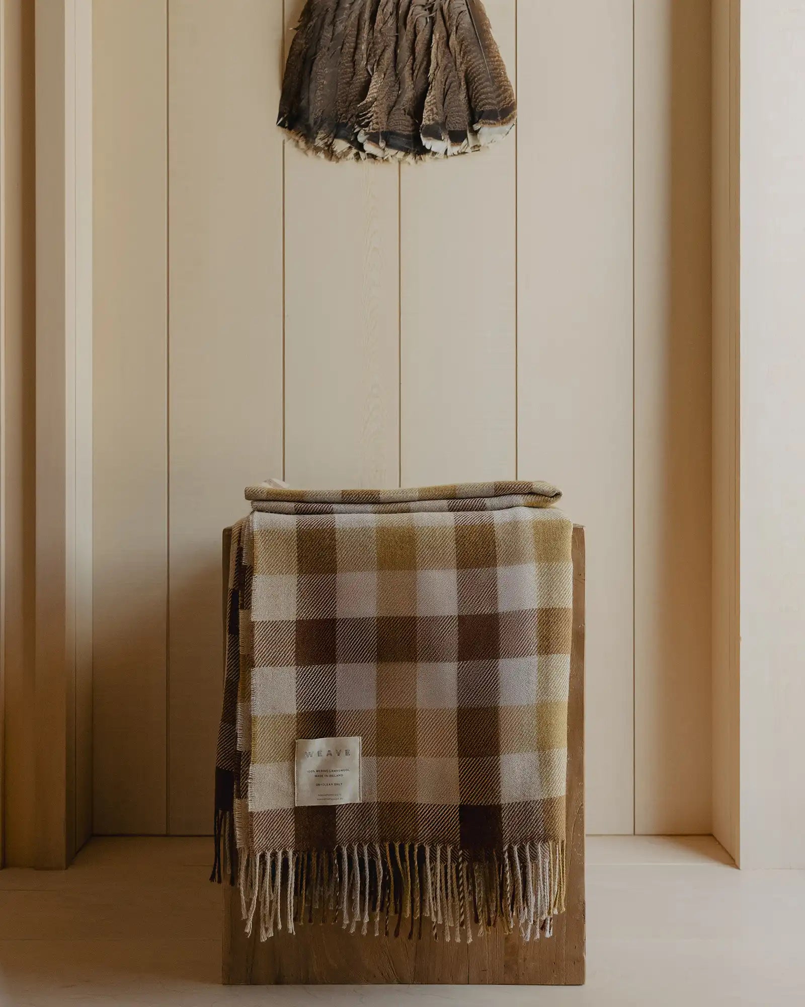 Caldwell Autumn wool throw in taupe, cocoa and ochre plaid with fringe trim, by Weave Home