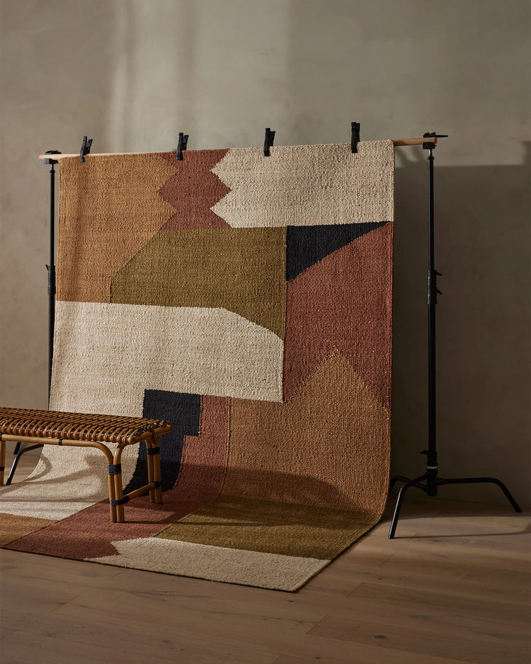 Ruben Terra hand-woven jute rug in ecru, olive, terracotta and charcoal, abstract geometric design by Weave Home