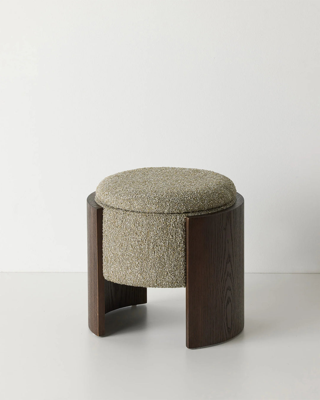 Norcia Moss bouclé ottoman with textured multi-tonal moss, grey and white upholstery and dark walnut ashwood legs by Weave Home